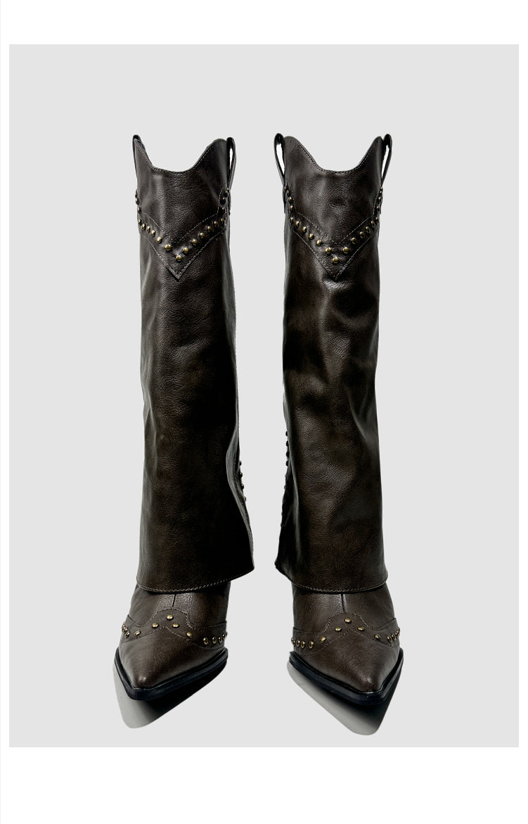 Vintage-Inspired Handmade Gothic Black Cowhide Leather Cowgirl Boots and Boho Western Heeled Boots