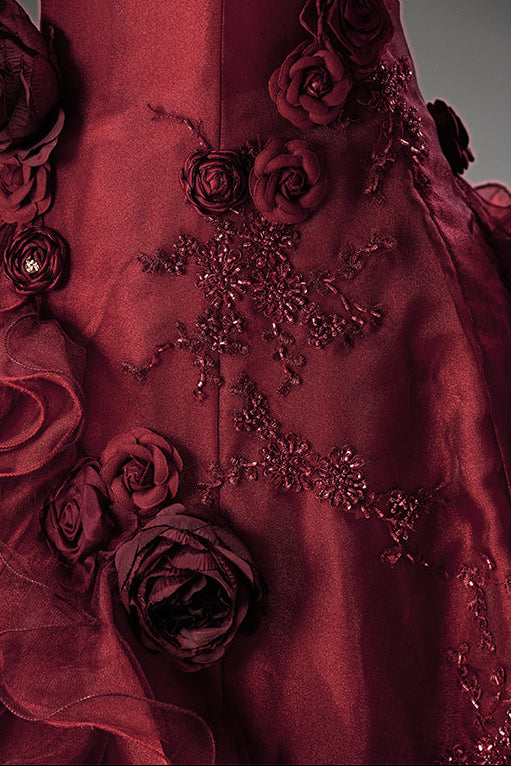 Burgundy Strapless Layered Ruffle Dress with Floral Appliqué – Floral Evening Dress with Corset Back Plus Size
