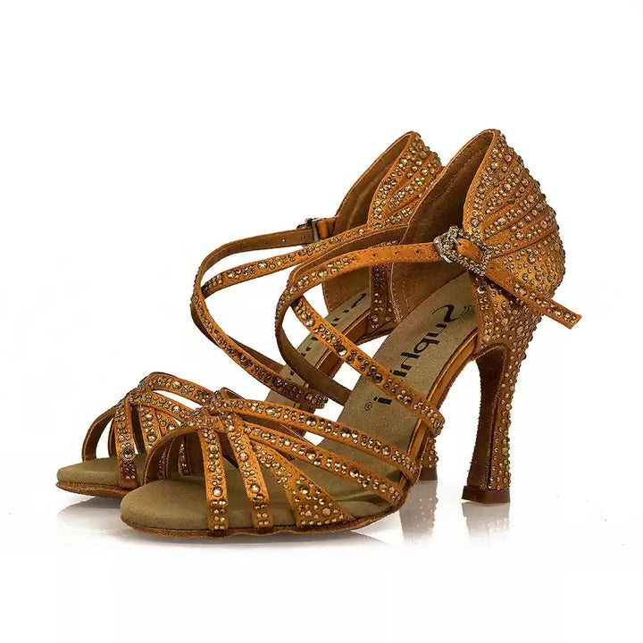 Golden Hour – Handmade Silk Glitter Salsa Dance Heels in Deep Nude