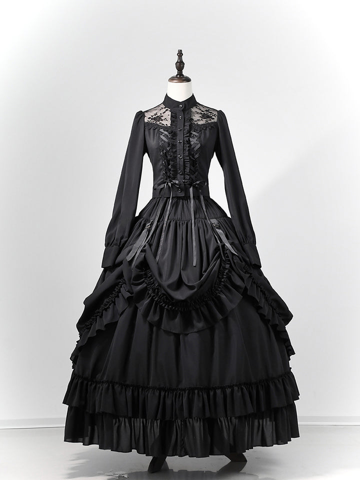 Victorian-Inspired Gothic Black Lace High Neck Ball Gown with Tiered Ruffled Skirt – Corset Back Evening Dress Plus Size