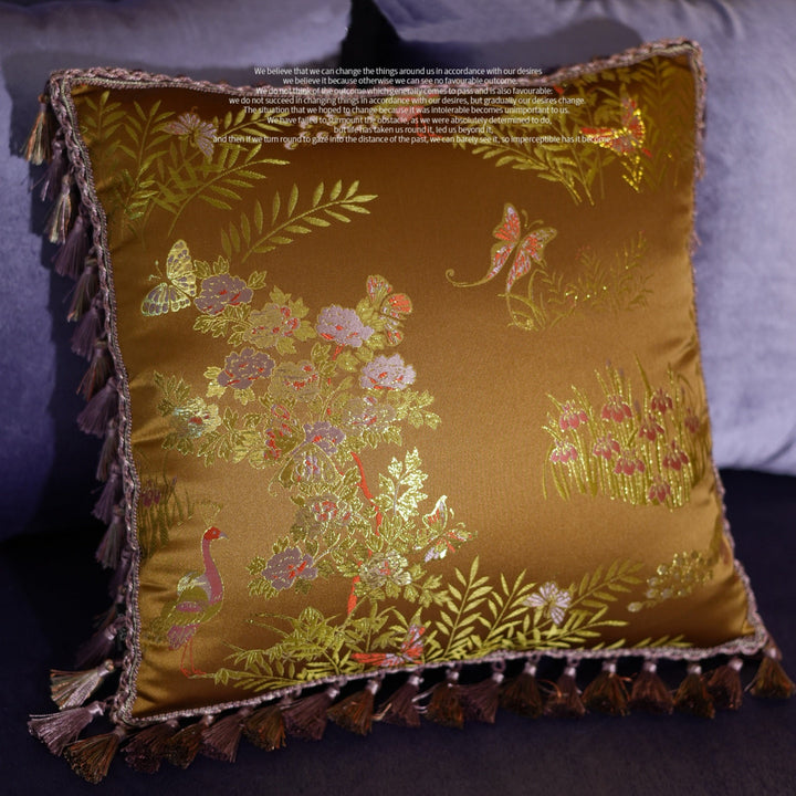 Golden Tassel Embroidered Throw Pillow – Handmade Luxury Satin Cushion with Fringe Trim
