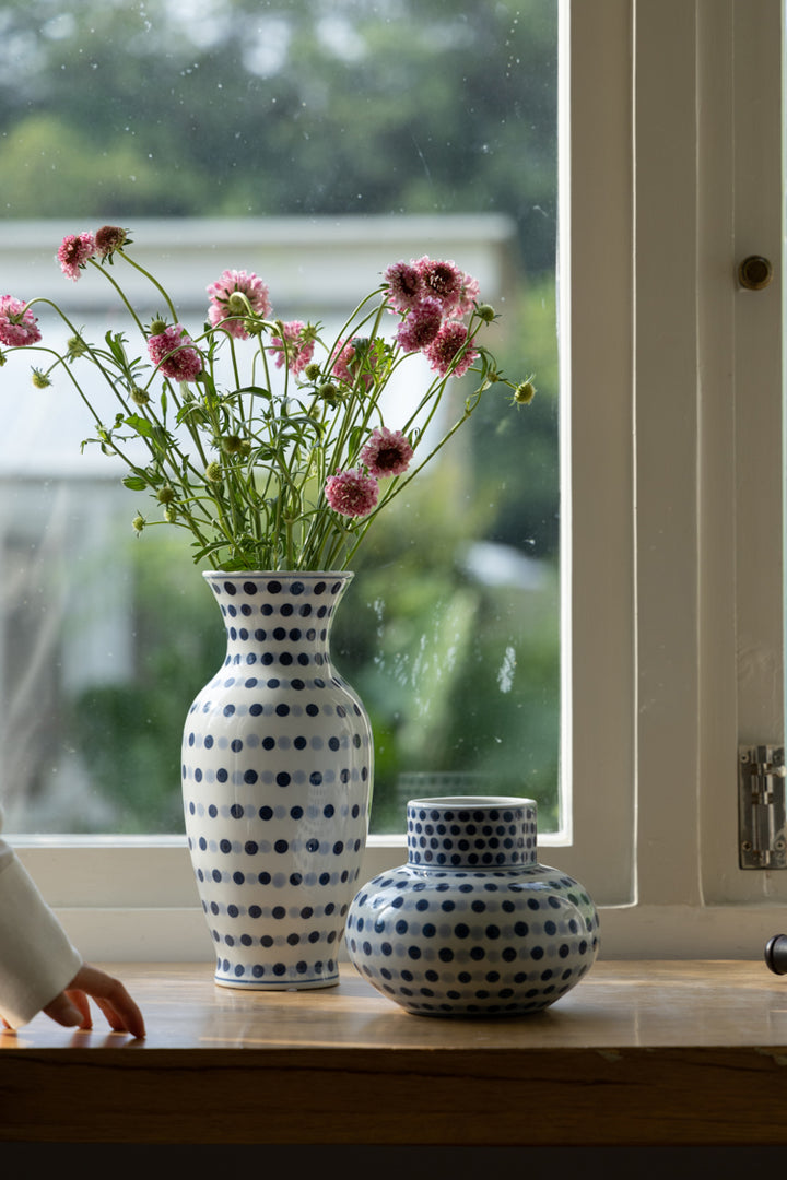 Vintage-Inspired Artistical Handcrafted Blue and White Porcelain Vase Set with Hand Painted Polka Dot