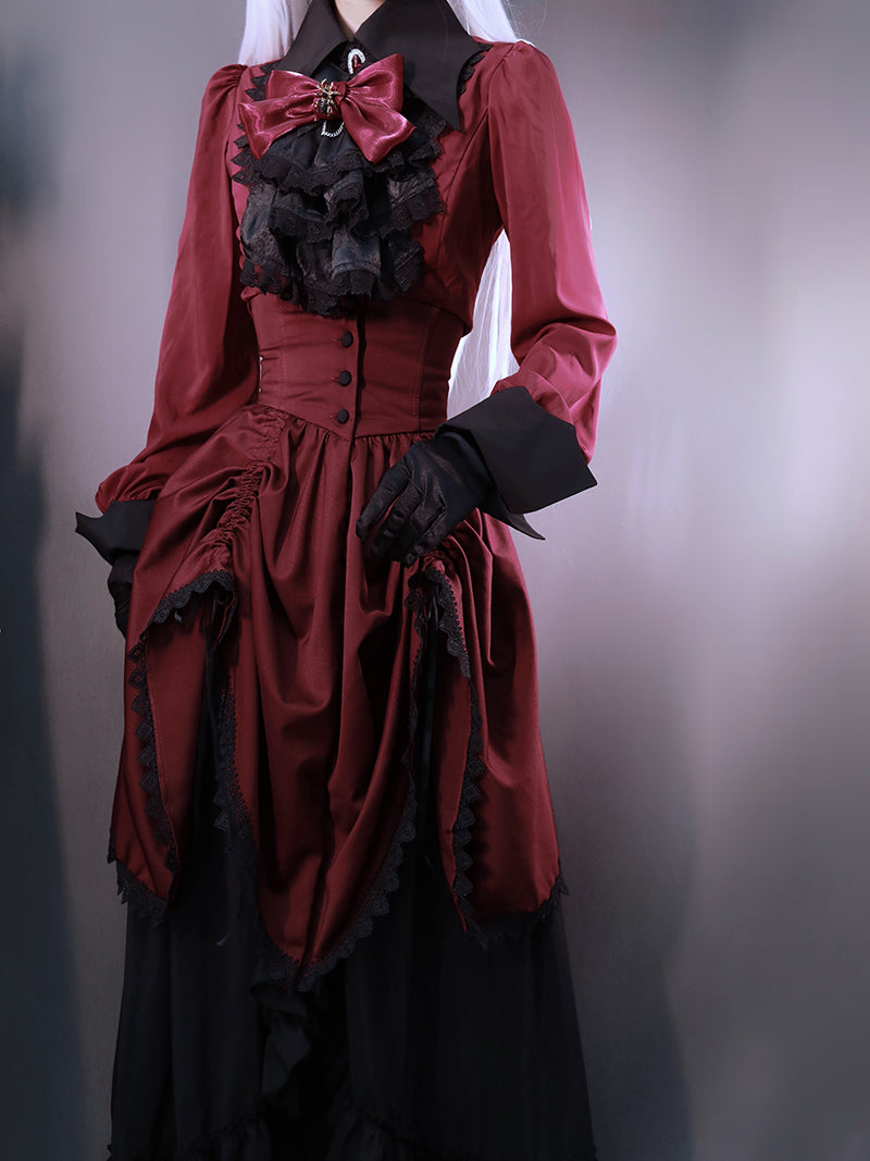 Victorian-Inspired Gothic Red and Black Lace Ball Gown with High Collar – Vampire Duchess Satin Evening Dress Plus Size