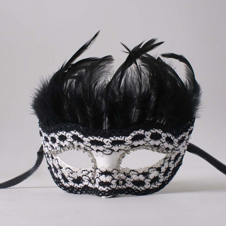 Handmade Gothic Black Masquerade Mask for Men – Elegant Feather Mardi Gras Mask with Lace
