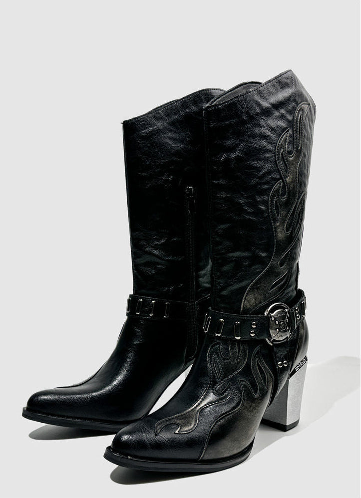 Vintage-Inspired Handmade Gothic Black Cowhide Leather Cowgirl Boots with Metal Heel Western Mid Calf Boots