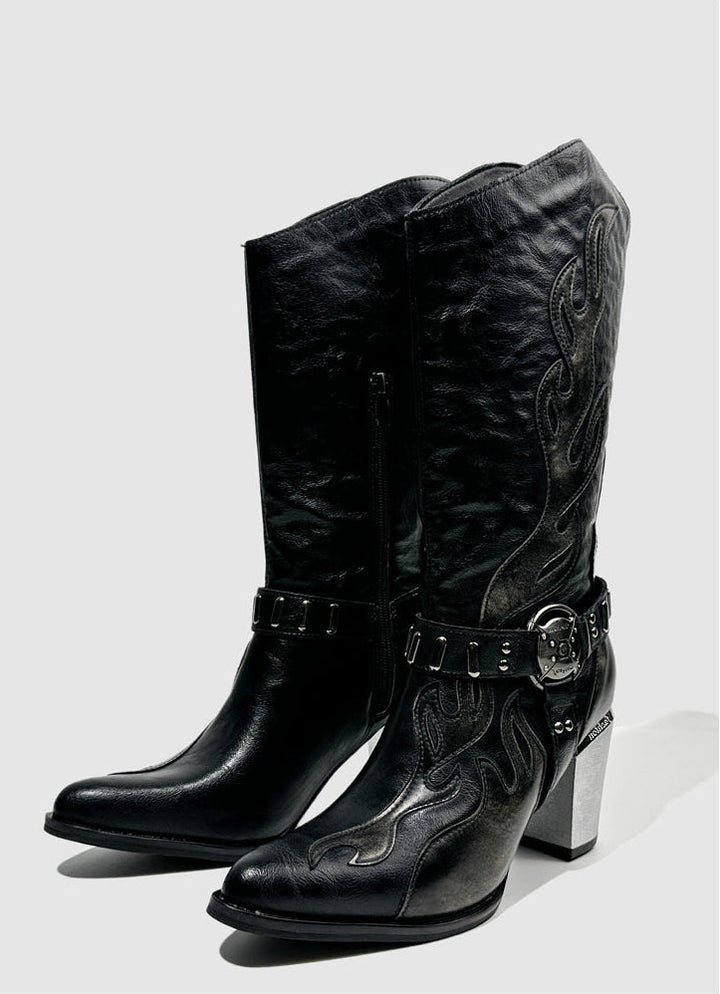 Vintage-Inspired Handmade Gothic Black Cowhide Leather Cowgirl Boots with Metal Heel Western Mid Calf Boots