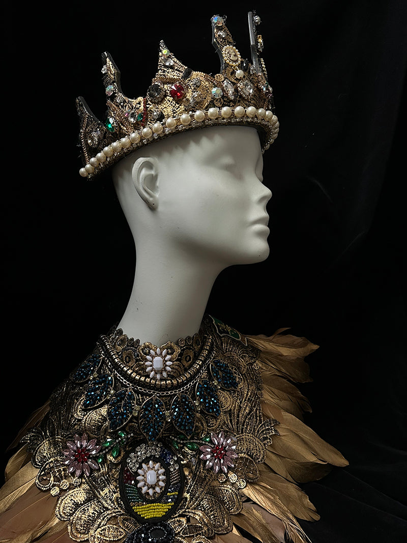 Vintage-Inspired Handmade Baroque Gold Crown with Multicolor Gems and Pearls – Adjustable Royal Crown for Masquerade