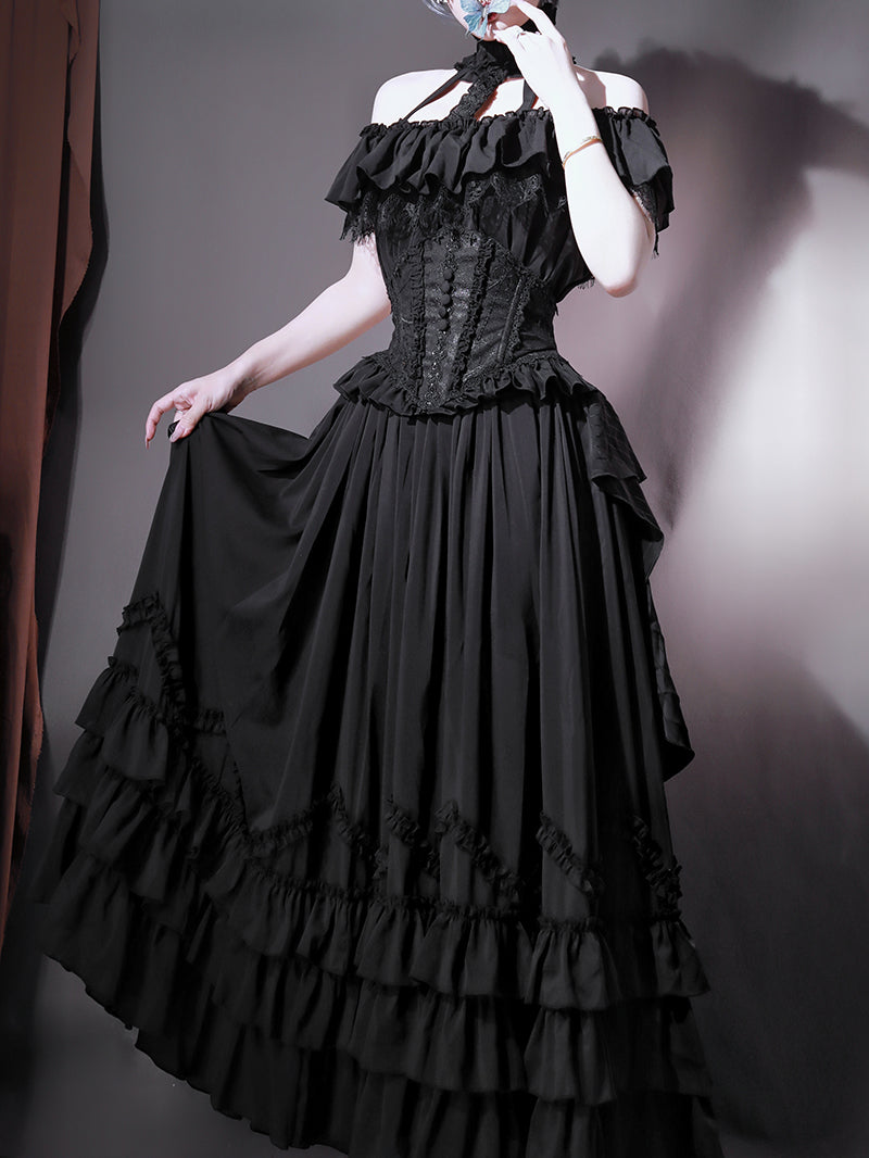 Victorian-Inspired Black Gothic Halter Ball Gown with Lace Ruffles – Lolita Dress with Off-Shoulder Design Plus Size