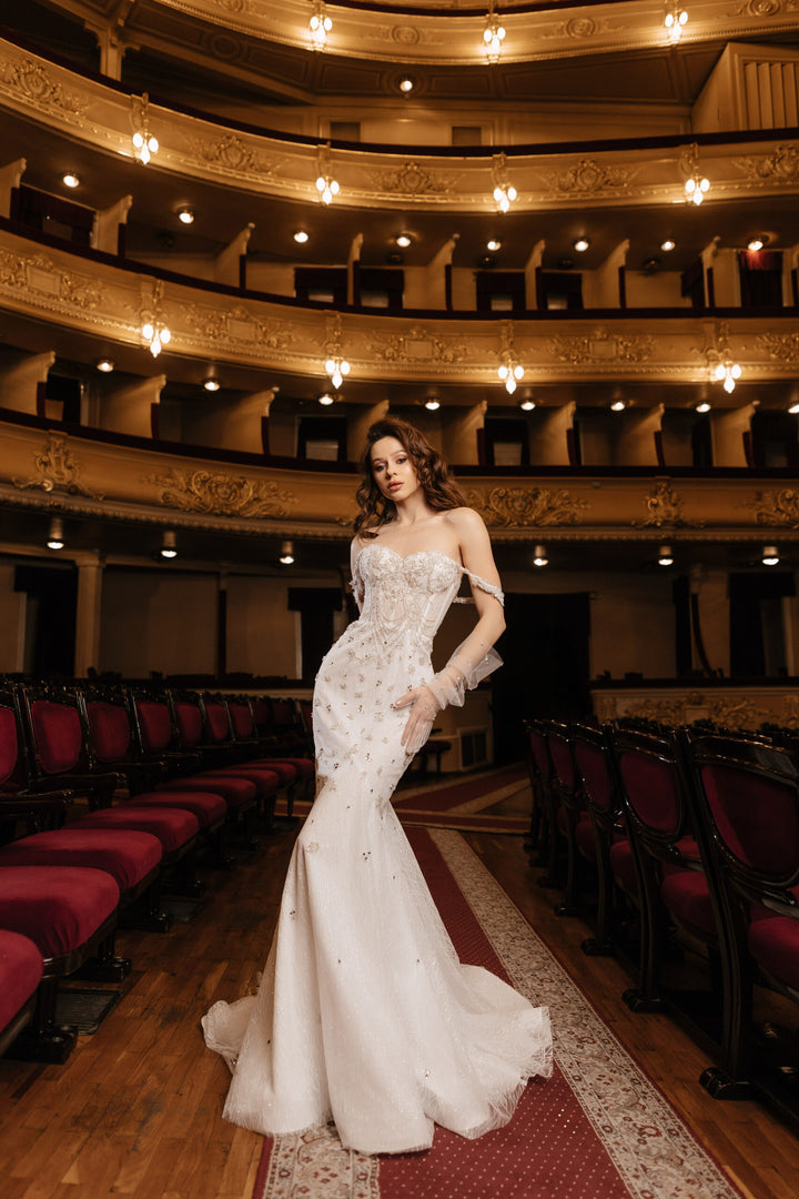 Ivory Mermaid Wedding Dress with Corset Bodice – Off the Shoulder Wedding Dress with Embroidery and Train Plus Size – OLIVIA
