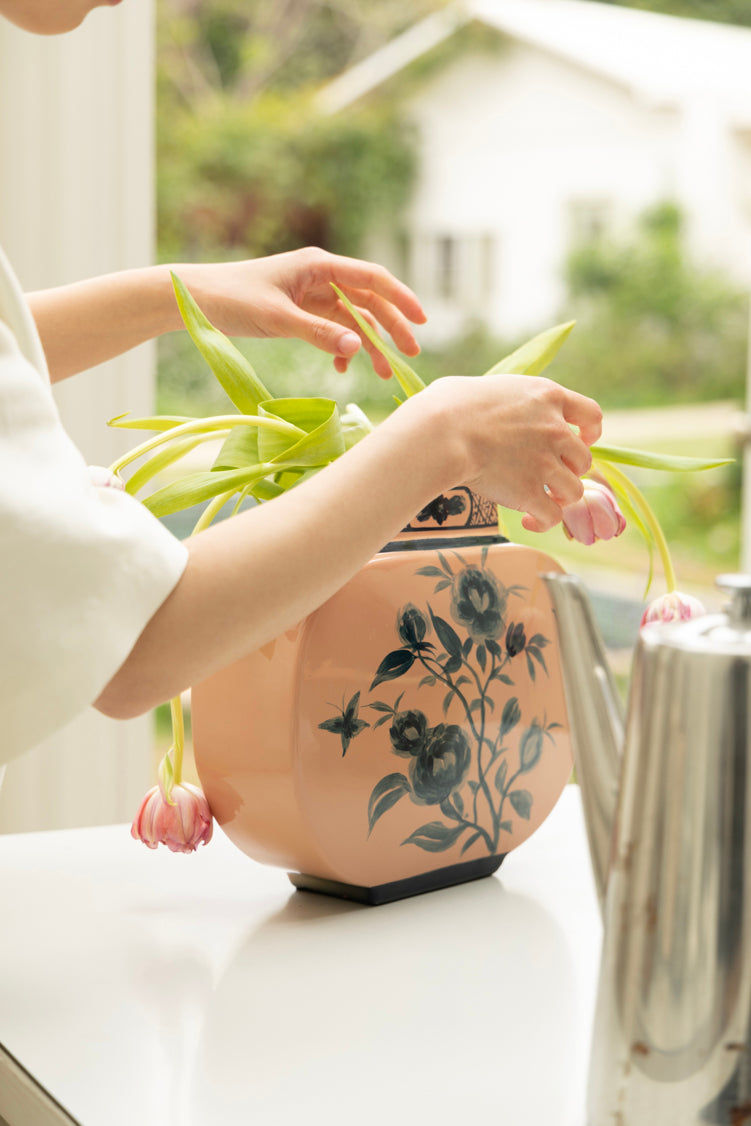 Antique Italian Porcelain Vase with Hand Painted Blue Floral Design in Spring Pink