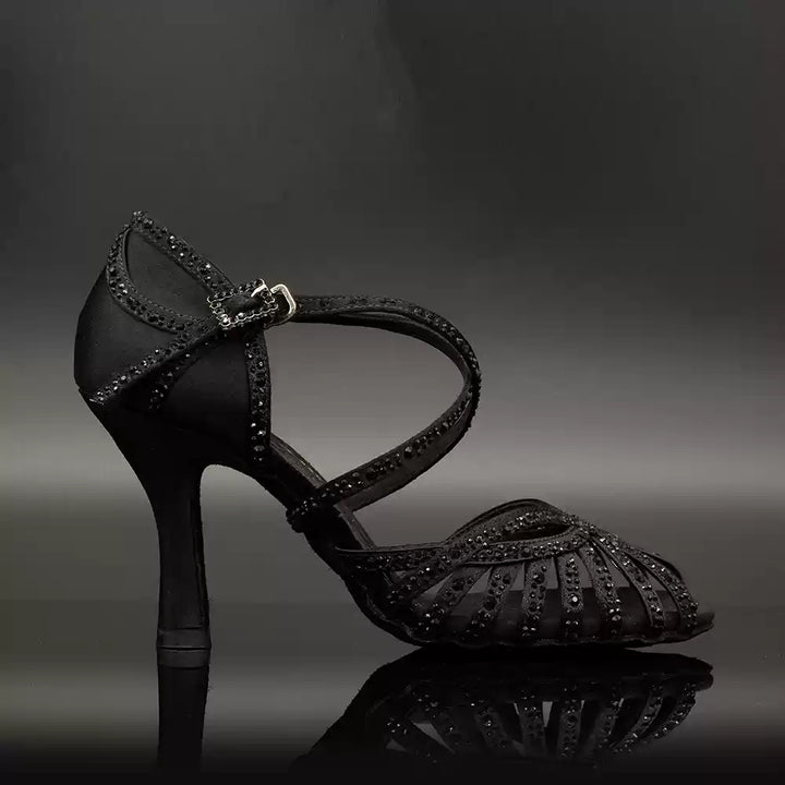 Twilight Gleam – Handmade Black Glitter Satin Salsa Dance Heels