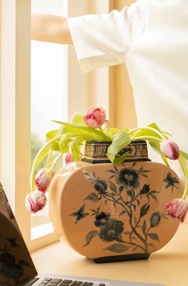 Antique Italian Porcelain Vase with Hand Painted Blue Floral Design in Spring Pink