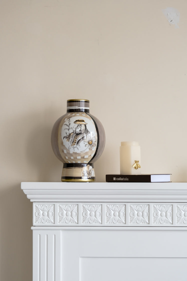 Vintage-Inspired Oriental Italian Light Cocoa Porcelain Vase with Hand-Painted Motifs