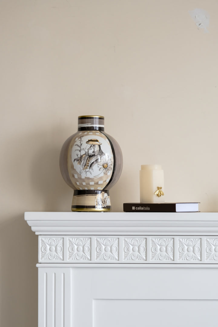 Vintage-Inspired Oriental Italian Light Cocoa Porcelain Vase with Hand-Painted Motifs