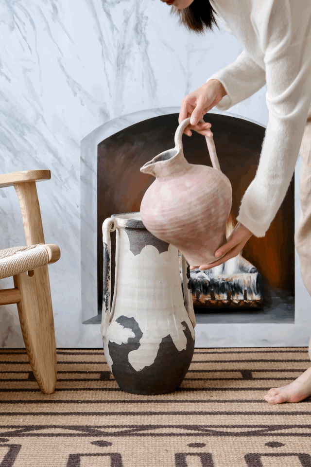 Artistical Handmade Moroccan Black and White Clay Vase with Rustic Minimalist Finish