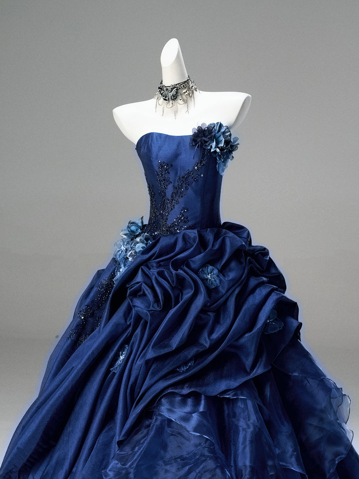 Gothic Navy Blue Floral Evening Dress with Floral Embellishment – Elegant Strapless Evening Dress with Corset Back Plus Size