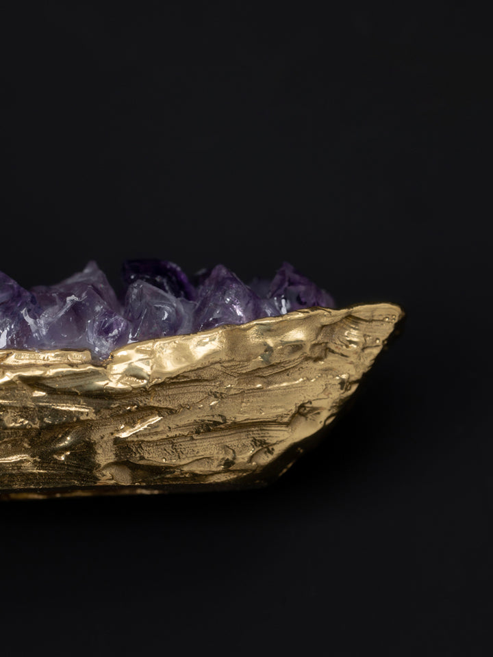 Antique Handmade Golden Brass Decor and Amethyst Decorative Stone