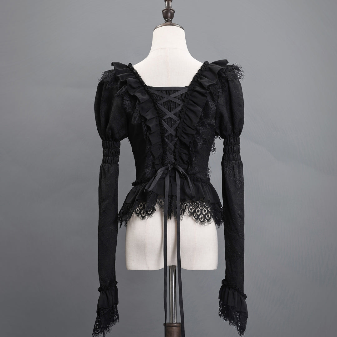 Victorian-Inspired Gothic Black Lace Ball Gown with Long Sleeves and Corset Back – Baroque-Inspired Mourning Dress Plus Size