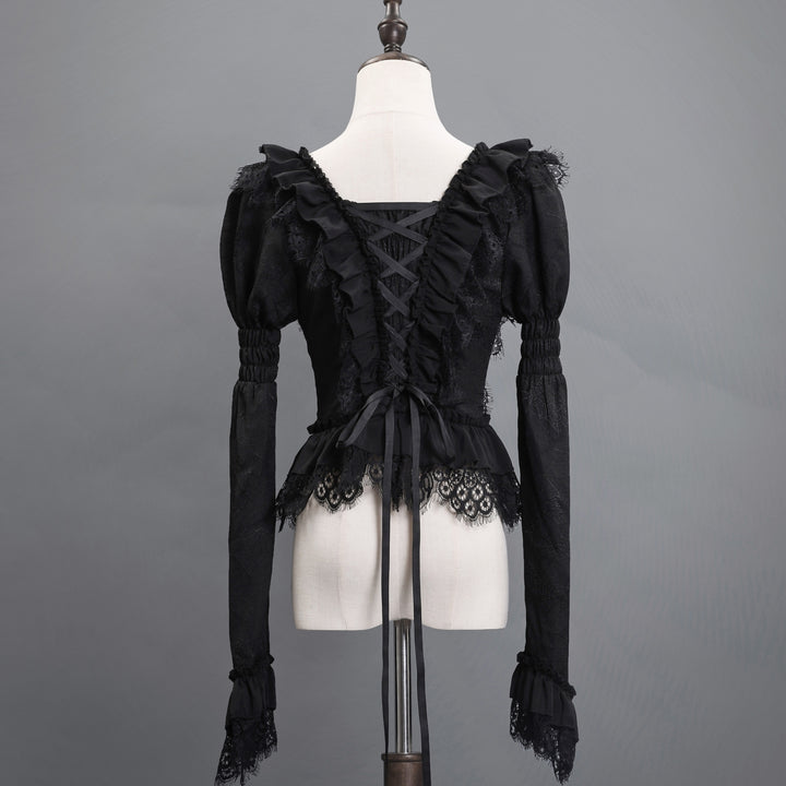 Victorian-Inspired Gothic Black Lace Ball Gown with Long Sleeves and Corset Back – Baroque-Inspired Mourning Dress Plus Size