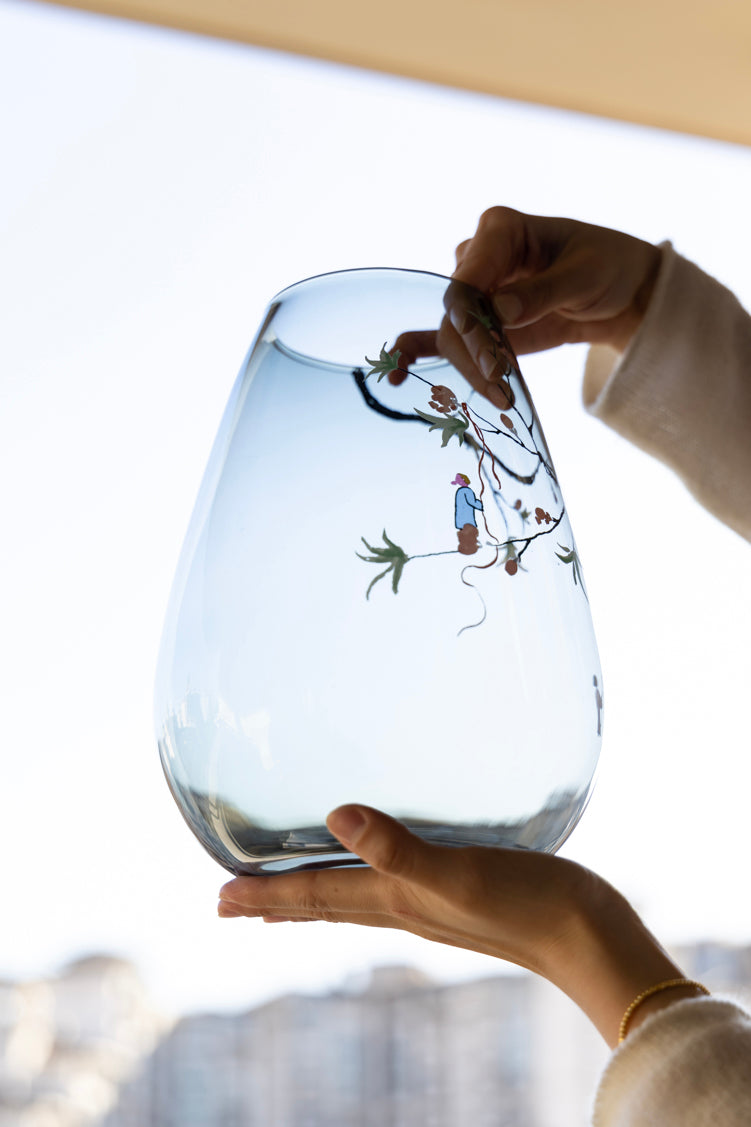 Art Deco Italian Hand-Painted Transparent Blown Glass Vase with Ink-Style Design