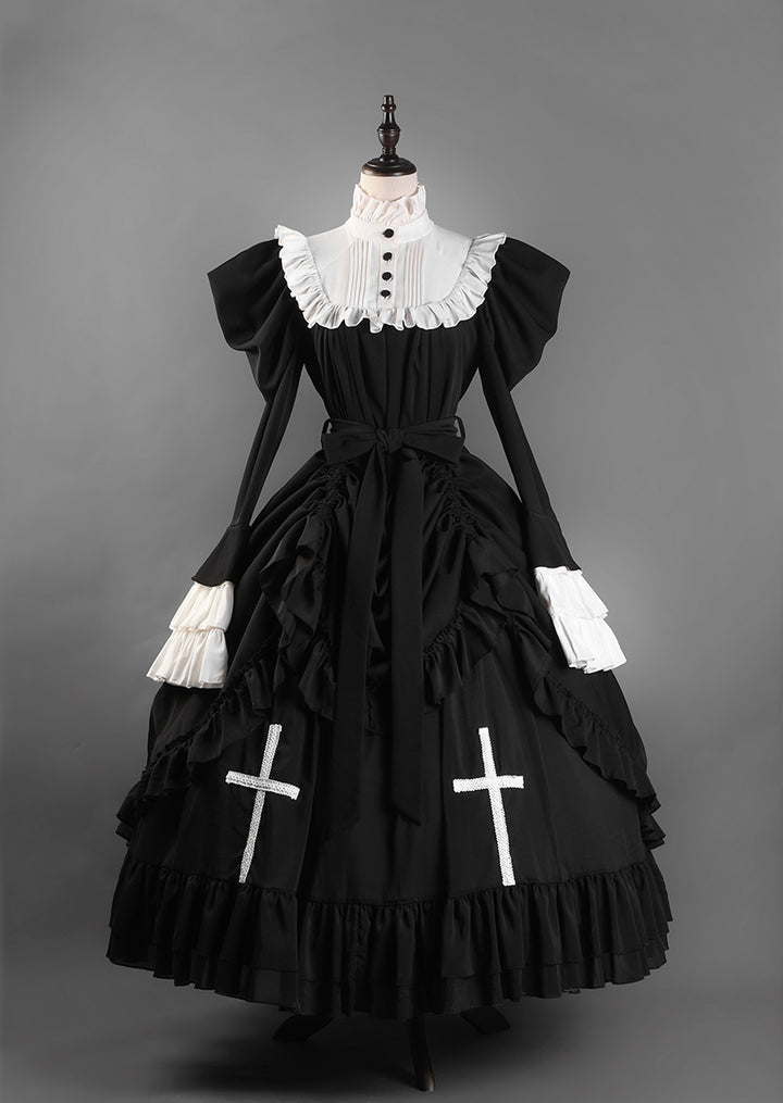 Victorian-Inspired Black and White Gothic Ball Gown with Cross Embroidery – Edwardian High Neck Lolita Dress Plus Size