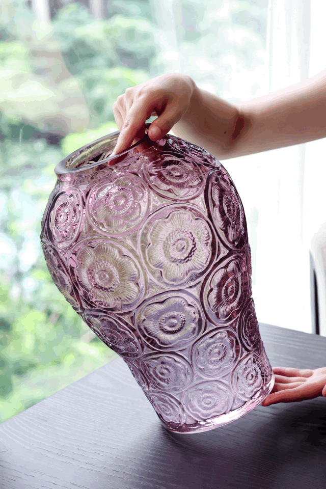 Baroque French Handmade Purple Murano Glass Vase with Embossed Floral Design Crystal Style