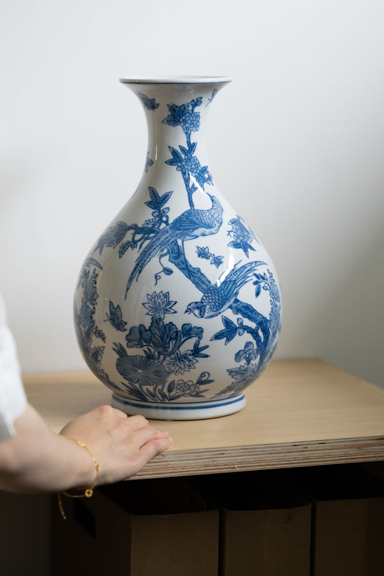 Mandarin Handmade Blue and White Porcelain Vases with Hand Painted Phoenix and Floral Design