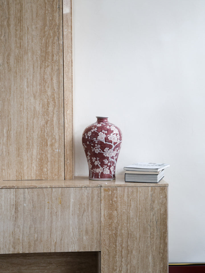 Oriental Vermilion Handmade Porcelain Vase with Royal Red Glaze Imported from France