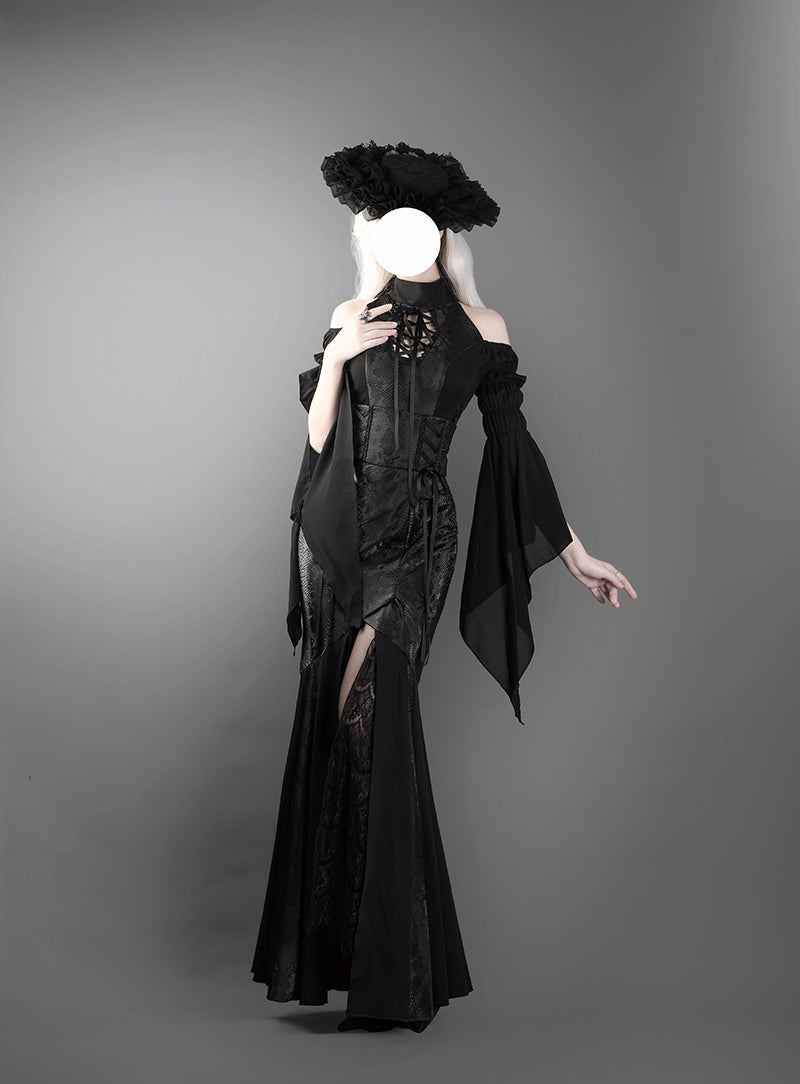 Victorian-Inspired Gothic Black Halter Dress with Bell Sleeves and Lace-Up – Long Sleeves Evening Gown Plus Size