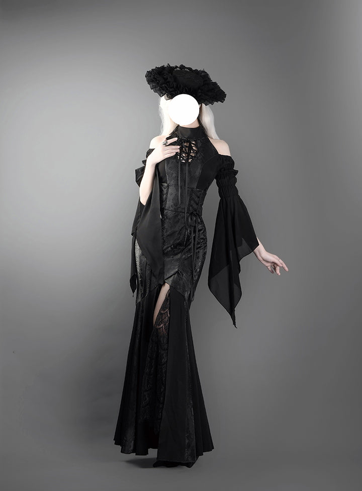 Victorian-Inspired Gothic Black Halter Dress with Bell Sleeves and Lace-Up – Long Sleeves Evening Gown Plus Size
