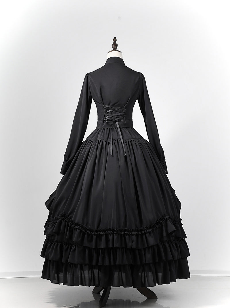 Victorian-Inspired Gothic Black Lace High Neck Ball Gown with Tiered Ruffled Skirt – Corset Back Evening Dress Plus Size
