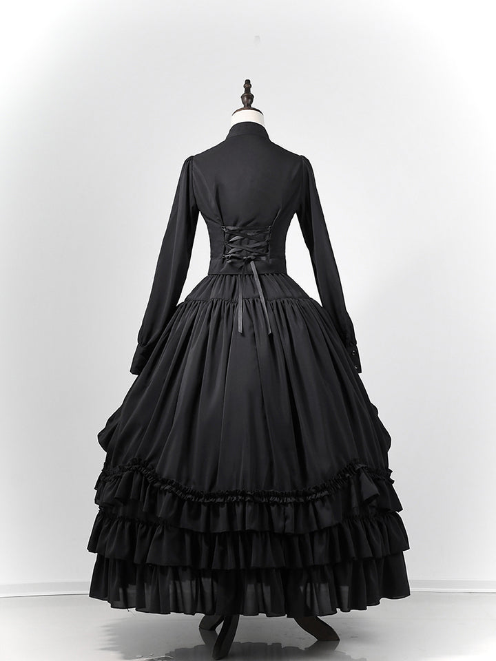 Victorian-Inspired Gothic Black Lace High Neck Ball Gown with Tiered Ruffled Skirt – Corset Back Evening Dress Plus Size