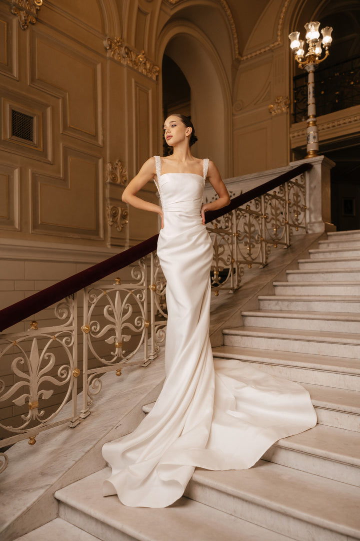 Ivory Satin Wedding Dress with Removable Train - Sleeveless Mermaid Wedding Dress with Pearl Straps Plus Size - ZOWIE