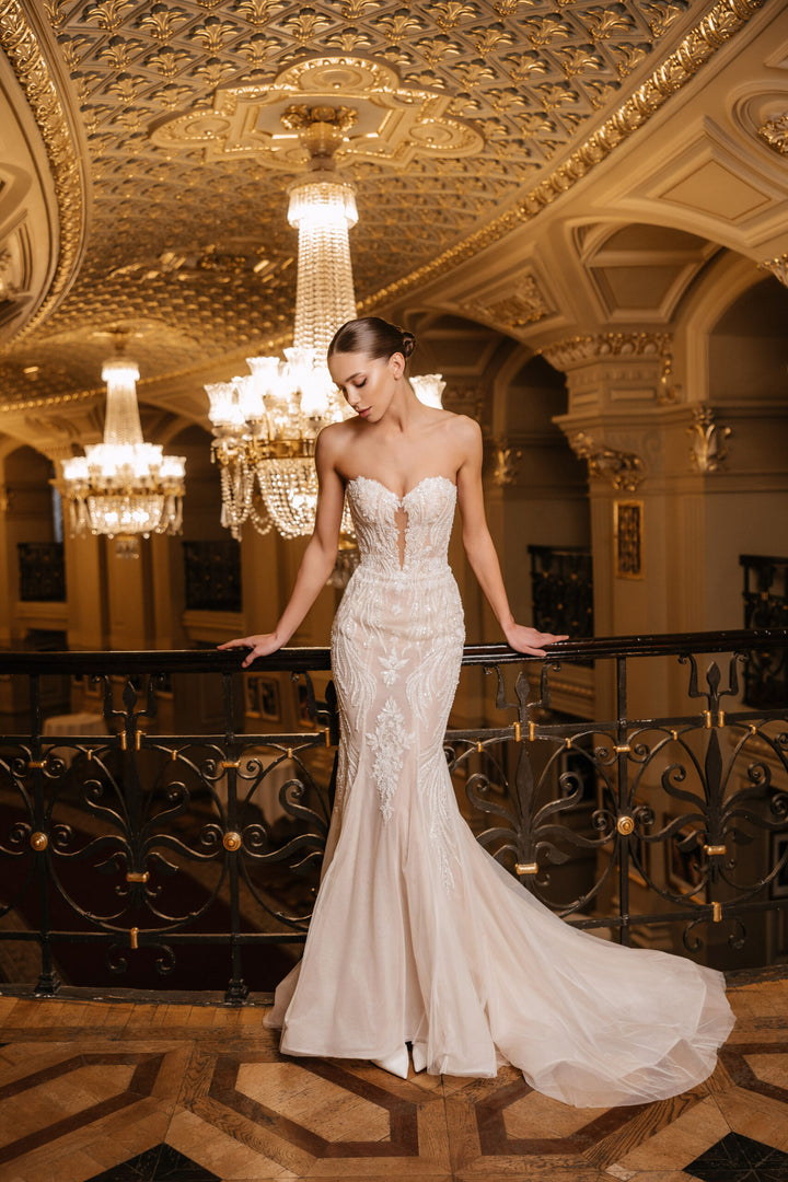 Ivory Lace Mermaid Style Wedding Gown with Cape – Sequin Wedding Dress with Sleeveless and Corset Plus Size – GABRIELLE