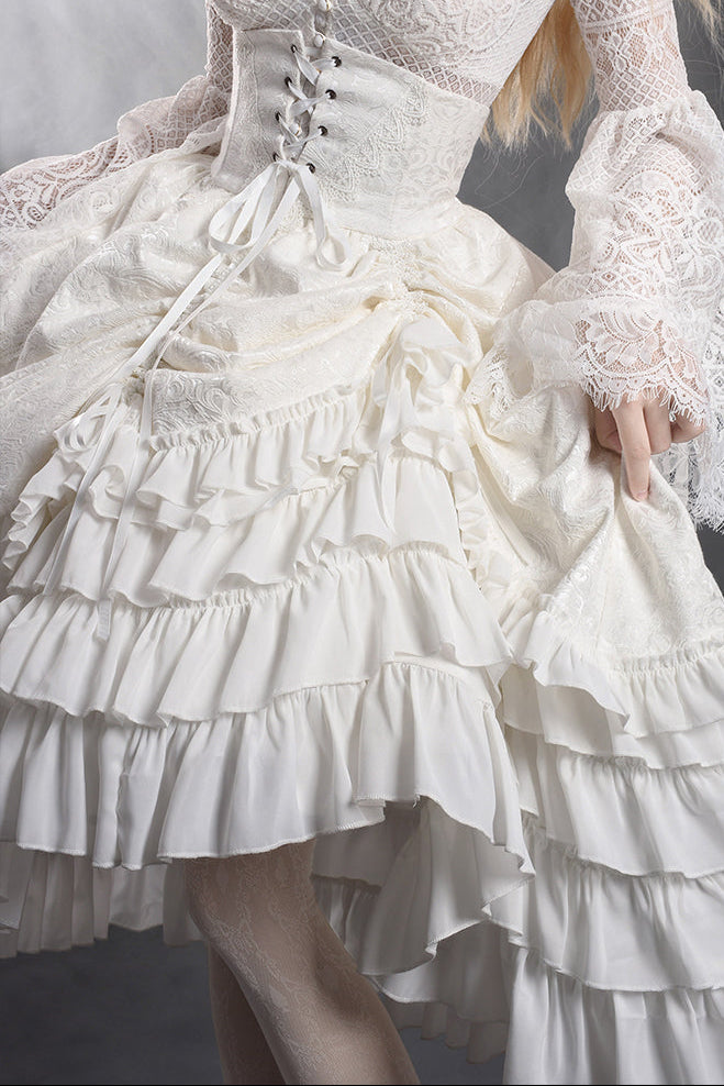Victorian-Inspired White Lace Corset Dress with Bell Sleeves – Layered Ruffle High-Low Bridal Gown Plus Size