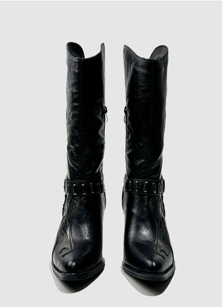 Vintage-Inspired Handmade Gothic Black Cowhide Leather Cowgirl Boots with Metal Heel Western Mid Calf Boots