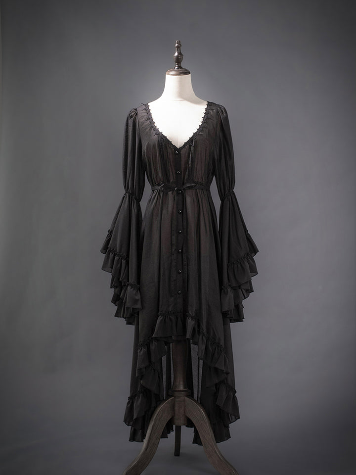 Victorian-Inspired Black Gothic Lolita Ball Gown with Lace Trim and Tiered Skirt – Edwardian Tencel Dress Plus Size