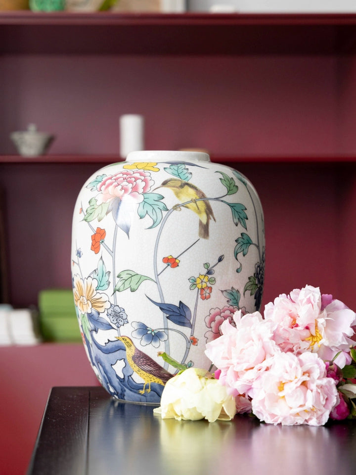 Mandarin White Handmade Famille Rose Porcelain Vase with Crackle Glaze Collectible Jar