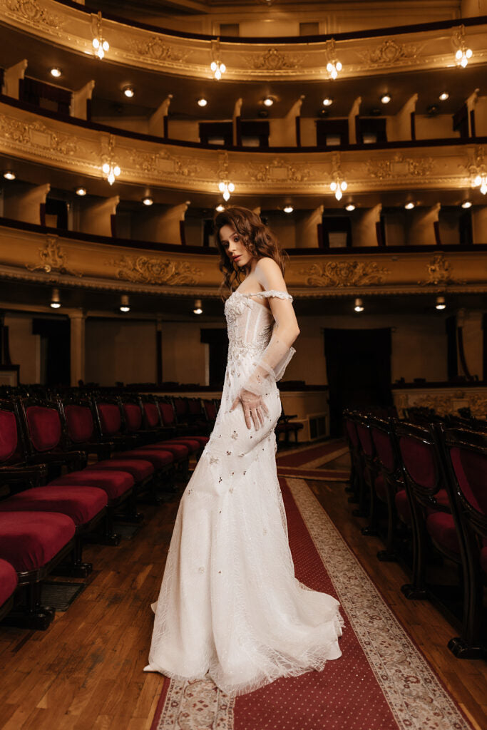 Ivory Mermaid Wedding Dress with Corset Bodice – Off the Shoulder Wedding Dress with Embroidery and Train Plus Size – OLIVIA