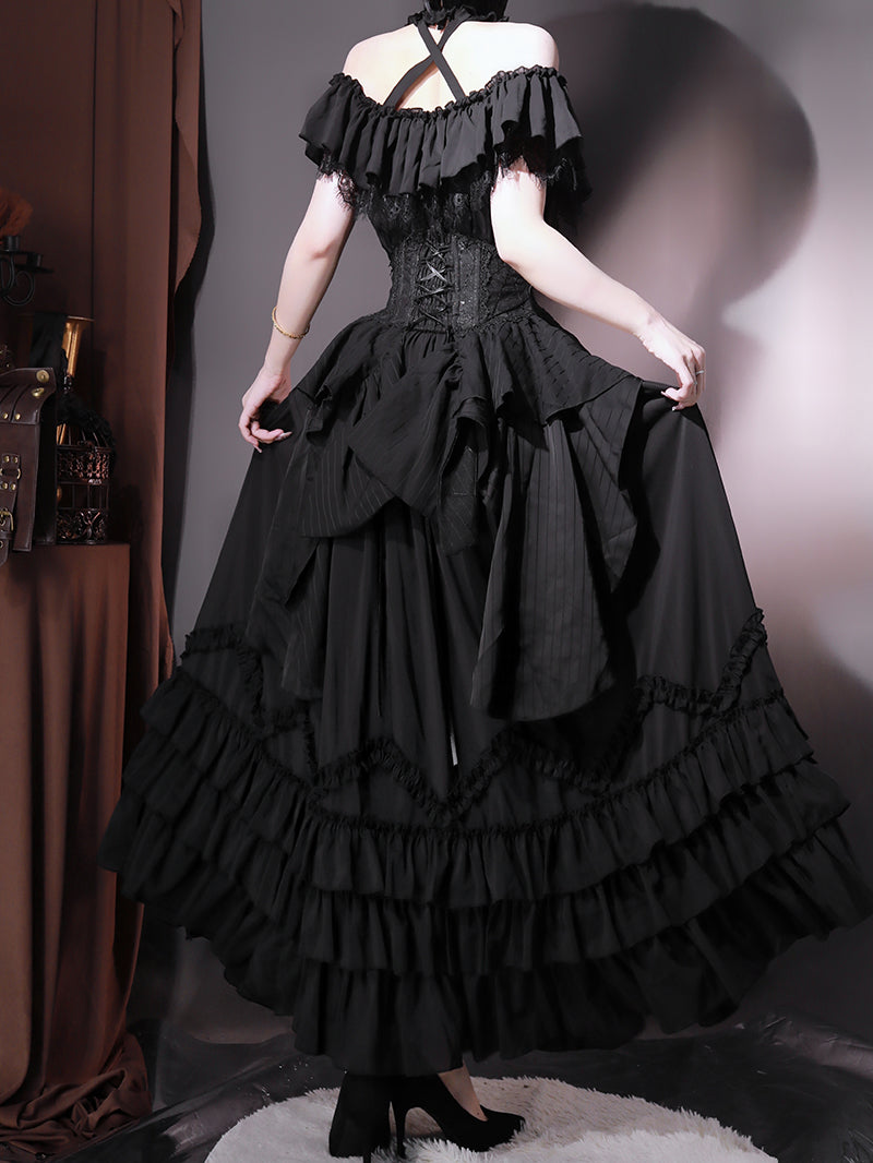 Victorian-Inspired Black Gothic Halter Ball Gown with Lace Ruffles – Lolita Dress with Off-Shoulder Design Plus Size