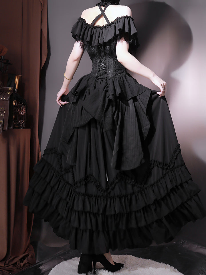 Victorian-Inspired Black Gothic Halter Ball Gown with Lace Ruffles – Lolita Dress with Off-Shoulder Design Plus Size
