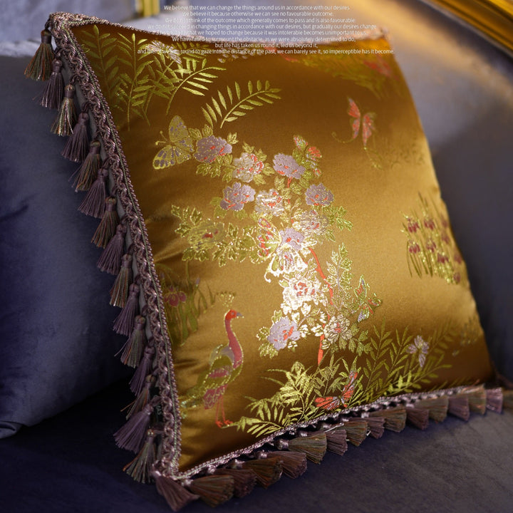 Golden Tassel Embroidered Throw Pillow – Handmade Luxury Satin Cushion with Fringe Trim