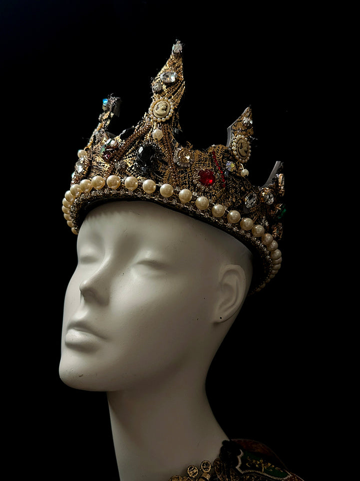 Vintage-Inspired Handmade Baroque Gold Crown with Multicolor Gems and Pearls – Adjustable Royal Crown for Masquerade