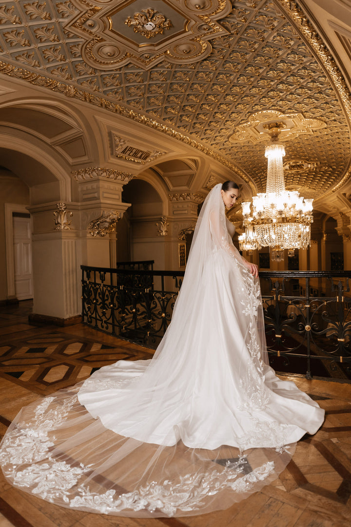 Ivory A-Line Wedding Dress with Removable Bow – Sleeveless Wedding Dress with Plunging Neckline Plus Size – ELIZA
