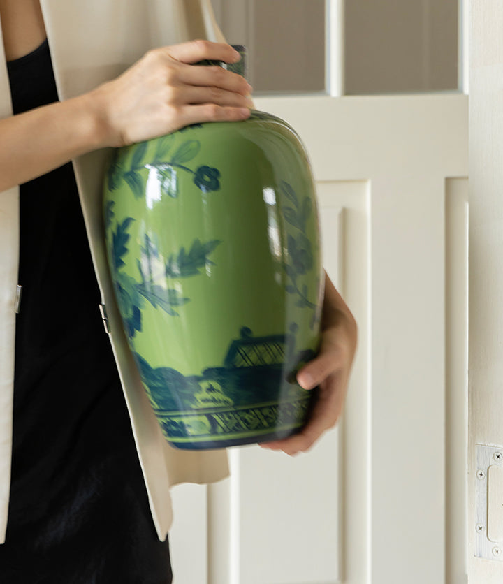 Oriental Italian Handmade Green Porcelain Vase with Indigo Hand-Painted Floral Motifs