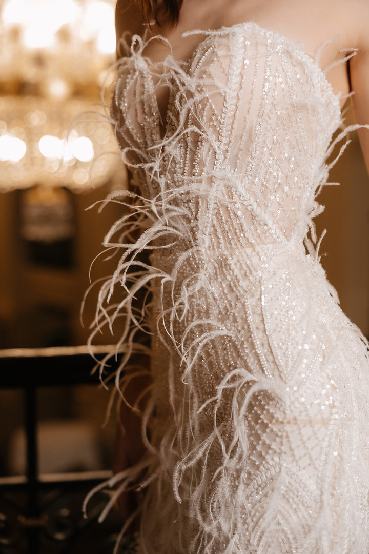 Ivory Convertible Wedding Dress with Feathers – Sequin Mermaid Wedding Dress with Train Plus Size – EMANUELA