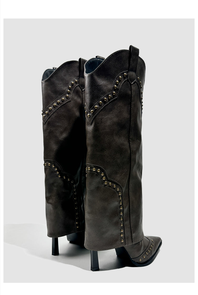Vintage-Inspired Handmade Gothic Black Cowhide Leather Cowgirl Boots and Boho Western Heeled Boots