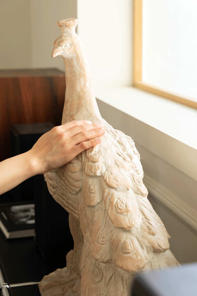 Medieval Handmade French White Peacock Sculpture and Decorative Figurine in Sun-Bleached Ivory Finish