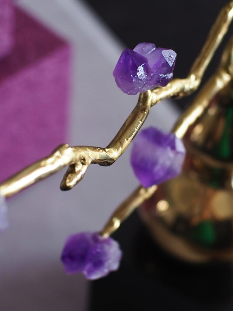 Oriental Handcrafted Golden Decorative Gourds with Amethyst Branch and Dragonfly Accent