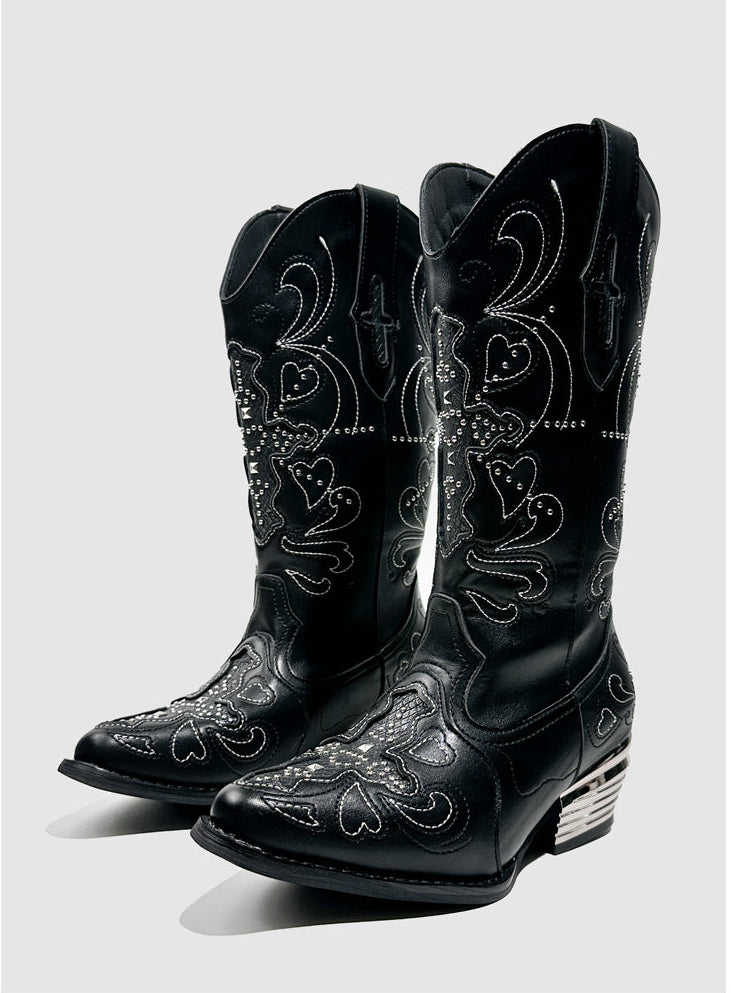 Vintage-Inspired Handcrafted Gothic Black Cowhide Leather Rhinestone Cowgirl Boots with Embroidered